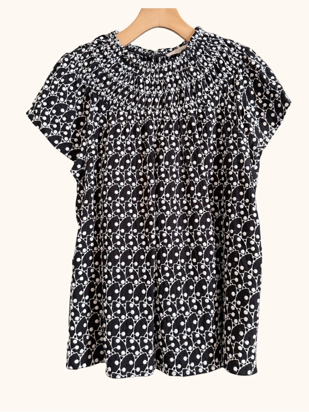 LOFT Black White Embroidered Eyelet Smocked Blouse Size L